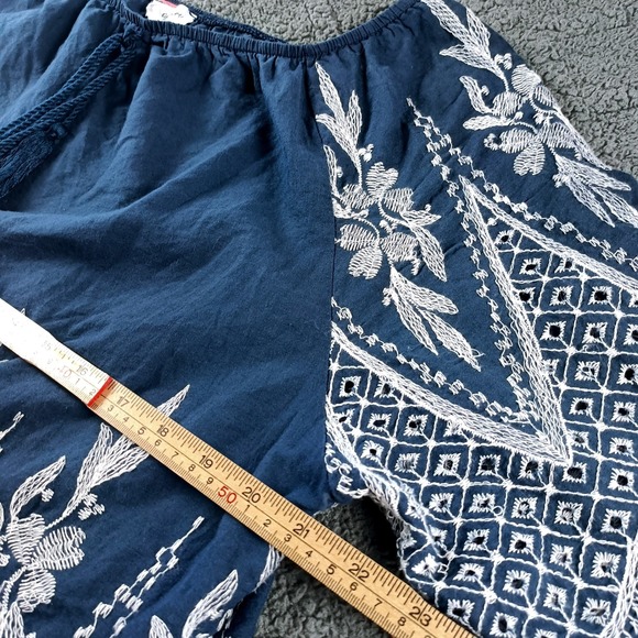 Sapphire Women XL Navy Blue Embroidered Cotton Boho Blouse Eyelet Scallop Hem - Picture 4 of 6